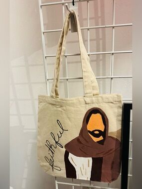Canvas Faithful Tote Bag in Cream with Brown Graphic